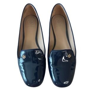 Tory Burch‎ Samantha Patent Smoking Slippers Navy Gold Logo Flats 8.5